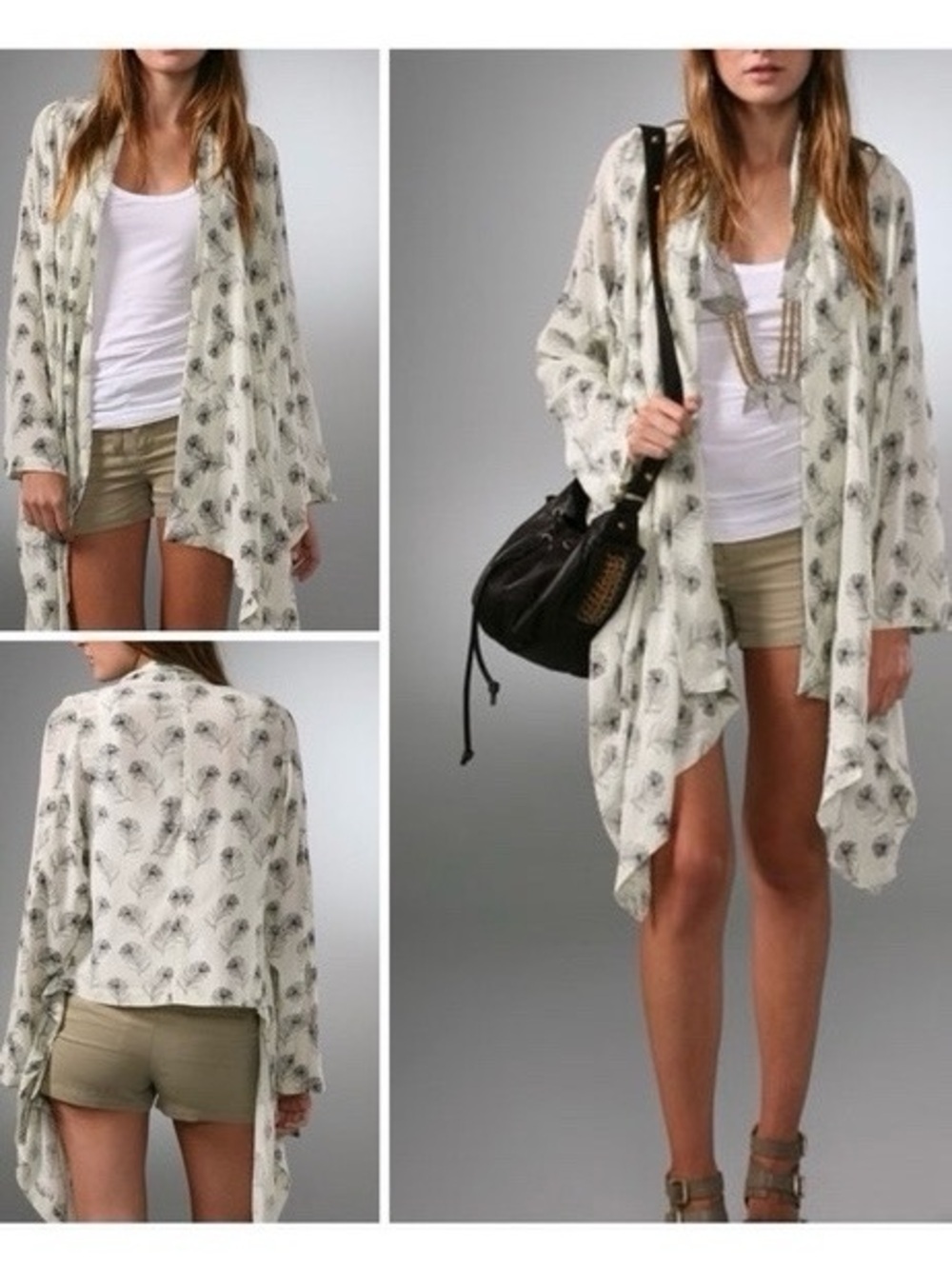 Winter Kate Silk Jasmine Bohemian Feather Print Kimono Cardigan - Picture 2 of 10